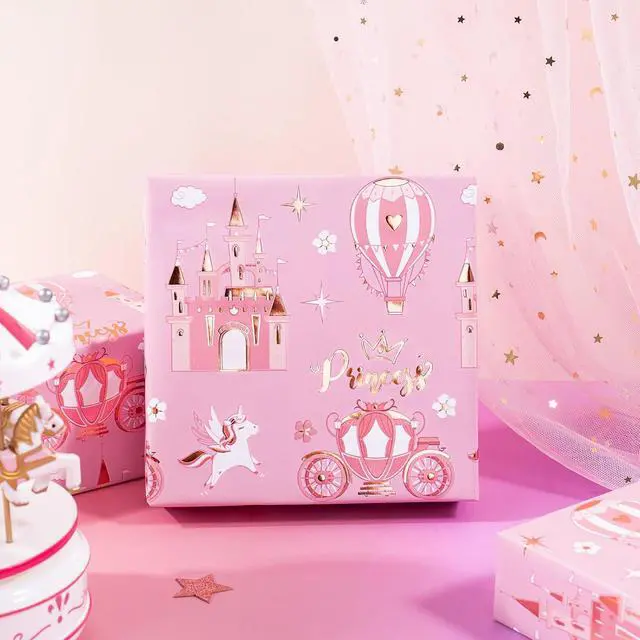 Alt view image 5 of 7 - WRAPAHOLIC Princess Wrapping Paper Roll - Mini Roll - 17 Inch x 16.5 Feet - Carriage Castle Pink Wrapping Paper with Pink Foil Design Perfect for Kids Girls Birthday, Baby Shower, Princess Party