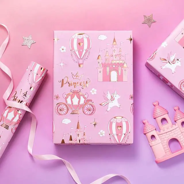 Alt view image 6 of 7 - WRAPAHOLIC Princess Wrapping Paper Roll - Mini Roll - 17 Inch x 16.5 Feet - Carriage Castle Pink Wrapping Paper with Pink Foil Design Perfect for Kids Girls Birthday, Baby Shower, Princess Party
