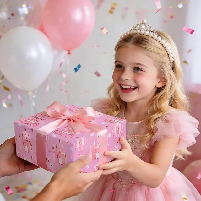 Alt view image 7 of 7 - WRAPAHOLIC Princess Wrapping Paper Roll - Mini Roll - 17 Inch x 16.5 Feet - Carriage Castle Pink Wrapping Paper with Pink Foil Design Perfect for Kids Girls Birthday, Baby Shower, Princess Party