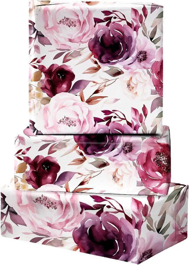 Main image of ZINTBIAL Floral Wrapping Paper Roll - Purple Rose Design, 17 Inches x 16.5 Feet, Gift Wrap for Wedding, Bridal Shower, Birthday, Mother's Day,Anniversary, Cut Lines on Back