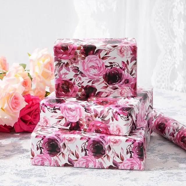 Alt view image 4 of 7 - ZINTBIAL Floral Wrapping Paper Roll - Purple Rose Design, 17 Inches x 16.5 Feet, Gift Wrap for Wedding, Bridal Shower, Birthday, Mother's Day,Anniversary, Cut Lines on Back