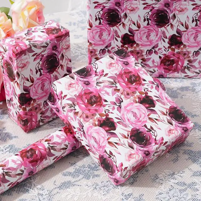 Alt view image 5 of 7 - ZINTBIAL Floral Wrapping Paper Roll - Purple Rose Design, 17 Inches x 16.5 Feet, Gift Wrap for Wedding, Bridal Shower, Birthday, Mother's Day,Anniversary, Cut Lines on Back