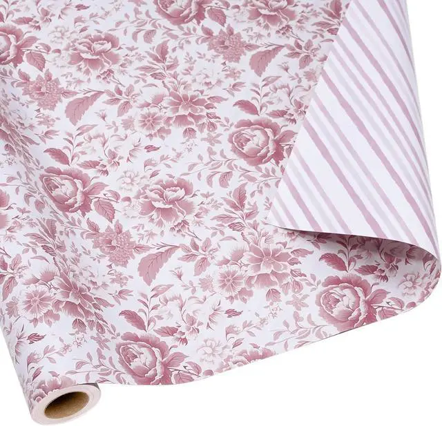 Main image of LaRibbons Pink Floral Wrapping Paper Mini Roll, Chinoiserie Peony Design