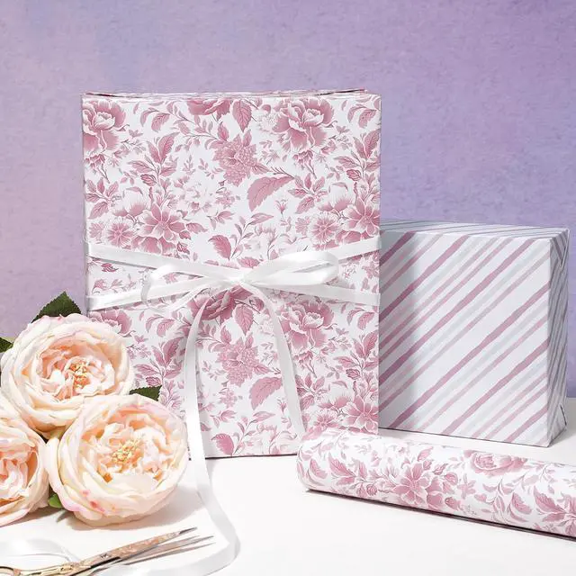 Alt view image 2 of 7 - LaRibbons Pink Floral Wrapping Paper Mini Roll, Chinoiserie Peony Design