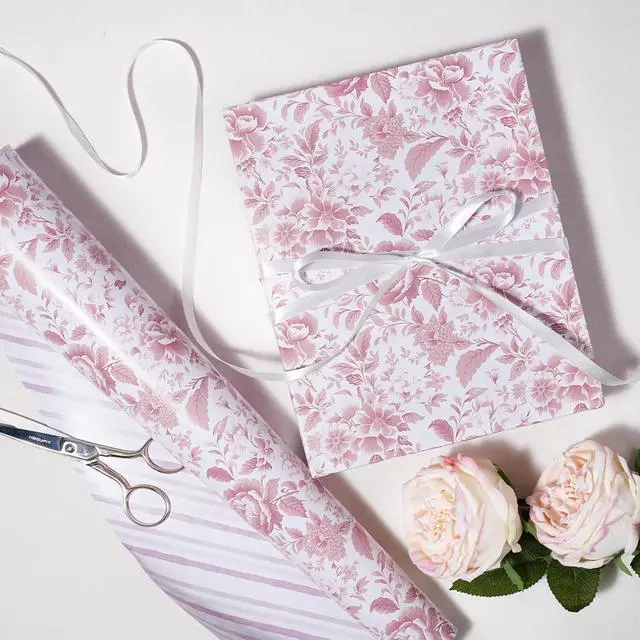 Alt view image 3 of 7 - LaRibbons Pink Floral Wrapping Paper Mini Roll, Chinoiserie Peony Design