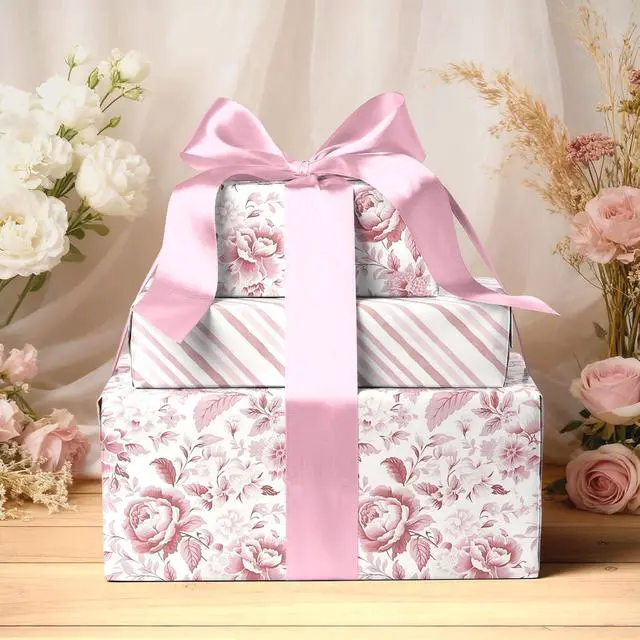 Alt view image 5 of 7 - LaRibbons Pink Floral Wrapping Paper Mini Roll, Chinoiserie Peony Design