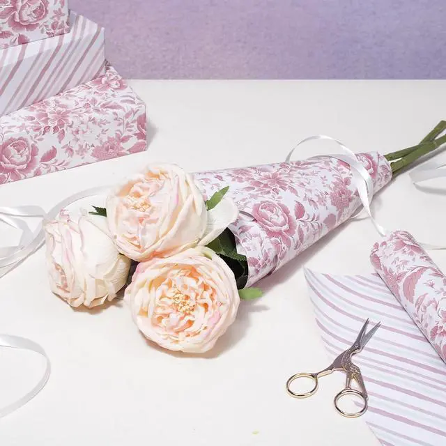 Alt view image 4 of 7 - LaRibbons Pink Floral Wrapping Paper Mini Roll, Chinoiserie Peony Design