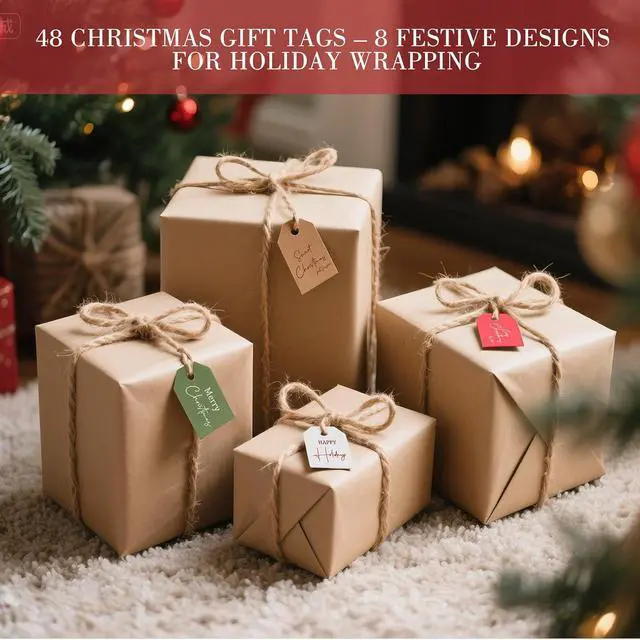 Alt view image 3 of 6 - C2U Christmas Gift Tags 48 Pack Holiday Present Tags with Jute Twine 8 Festive Designs Blank on Back Paper Christmas Name Tags for Wrapping, DIY, Xmas Decorations & Gift Labeling