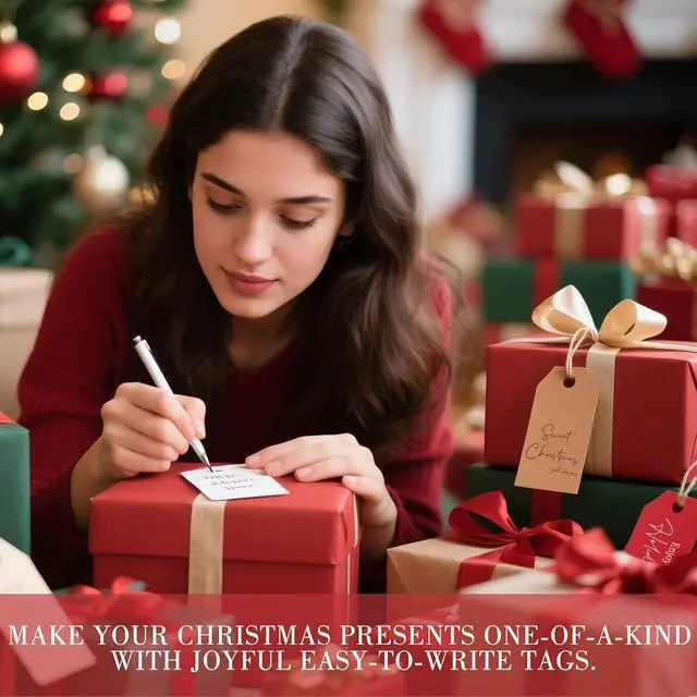 Alt view image 4 of 6 - C2U Christmas Gift Tags 48 Pack Holiday Present Tags with Jute Twine 8 Festive Designs Blank on Back Paper Christmas Name Tags for Wrapping, DIY, Xmas Decorations & Gift Labeling
