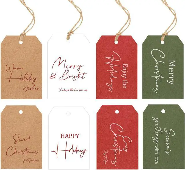 Alt view image 6 of 6 - C2U Christmas Gift Tags 48 Pack Holiday Present Tags with Jute Twine 8 Festive Designs Blank on Back Paper Christmas Name Tags for Wrapping, DIY, Xmas Decorations & Gift Labeling