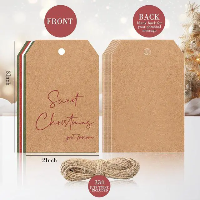 Alt view image 2 of 6 - C2U Christmas Gift Tags 48 Pack Holiday Present Tags with Jute Twine 8 Festive Designs Blank on Back Paper Christmas Name Tags for Wrapping, DIY, Xmas Decorations & Gift Labeling