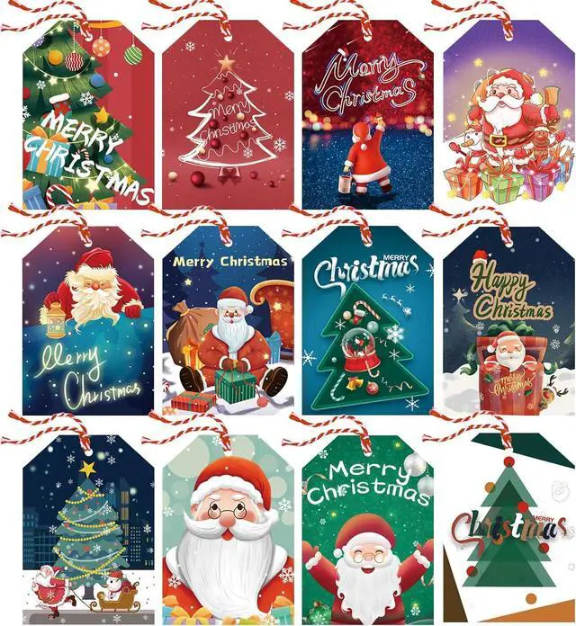 Main image of GZCQLKOR 120 Pcs Christmas Gift Tags, Christmas Hanging Tag Label for Christmas DIY Decorations Present Wrapping, with 20m / 66ft Christmas Ribbons, Gift Decoration, 12 Styles