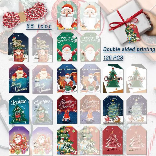 Alt view image 2 of 6 - GZCQLKOR 120 Pcs Christmas Gift Tags, Christmas Hanging Tag Label for Christmas DIY Decorations Present Wrapping, with 20m / 66ft Christmas Ribbons, Gift Decoration, 12 Styles