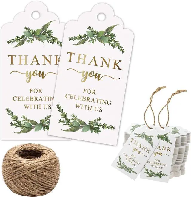 Main image of Greenery Gold Gift Tags - 100pcs, Perfect for Baby Showers, Birthdays, Weddings & Bridal Showers, Includes 100ft Natural Jute Twine