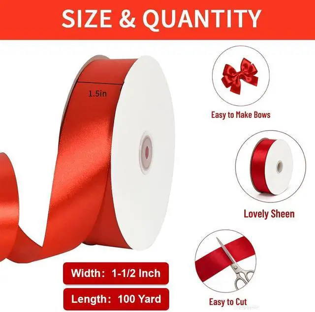 Alt view image 2 of 7 - TONIFUL 100 Yard Red Satin Ribbon 1-1/2 Inch for Christmas Gift Wrapping