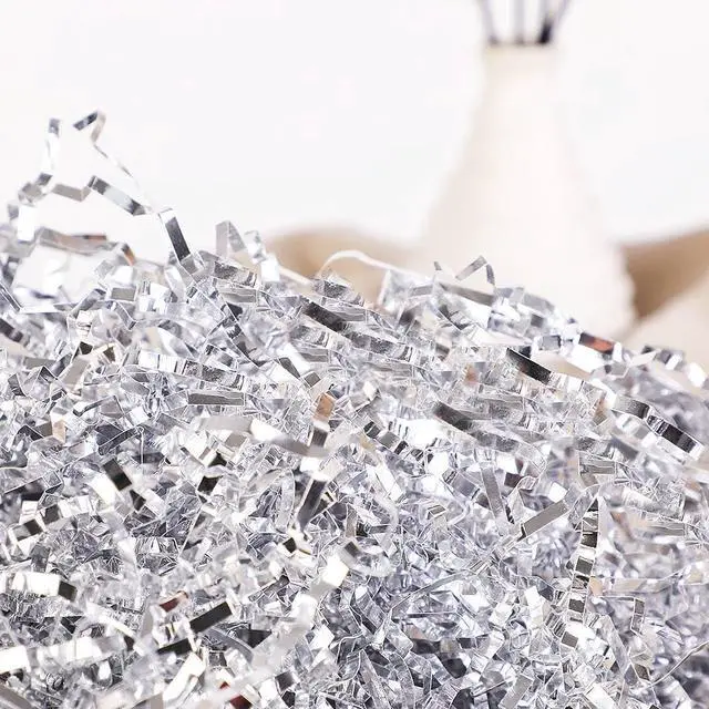 Alt view image 2 of 7 - PLINJOY 4 OZ Crinkle Cut Paper Shred Filler for Gift Basket Shredded Confetti Paper Box Stuffing Easter Basket Grass (Silver)
