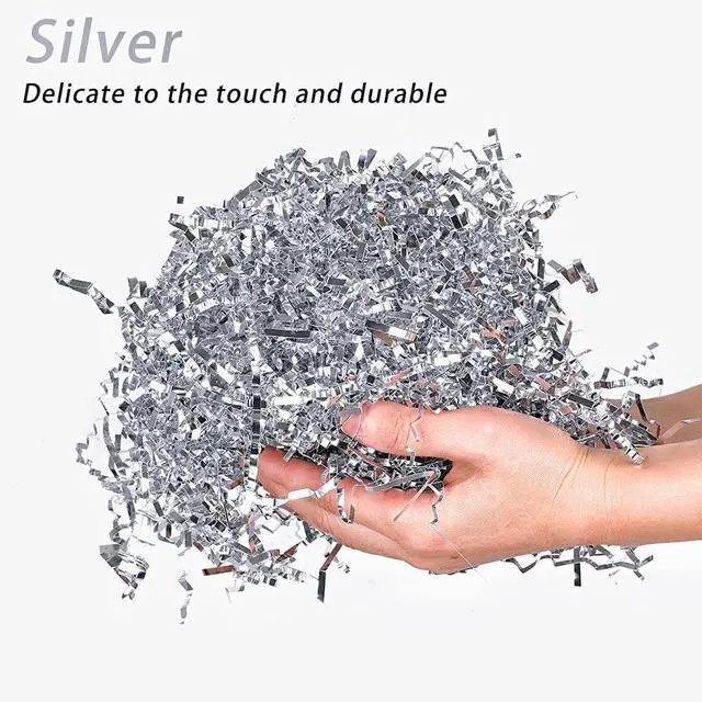Alt view image 3 of 7 - PLINJOY 4 OZ Crinkle Cut Paper Shred Filler for Gift Basket Shredded Confetti Paper Box Stuffing Easter Basket Grass (Silver)