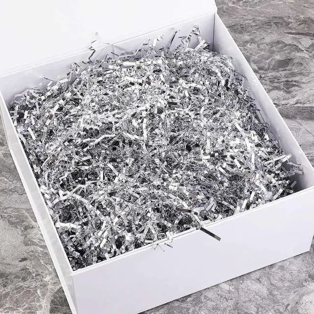 Alt view image 5 of 7 - PLINJOY 4 OZ Crinkle Cut Paper Shred Filler for Gift Basket Shredded Confetti Paper Box Stuffing Easter Basket Grass (Silver)