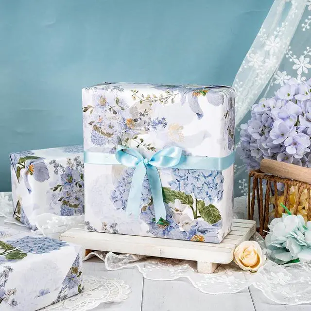 Alt view image 3 of 7 - LeZakaa Floral Wrapping Paper Roll, Blue Hydrangea Flowers Party Gift Wrap for Wedding, Bridal Shower, Baby Shower, Anniversary, Mother's Day, Birthday, 17 inches x 16.4 Feet (23.2 sq.ft.)