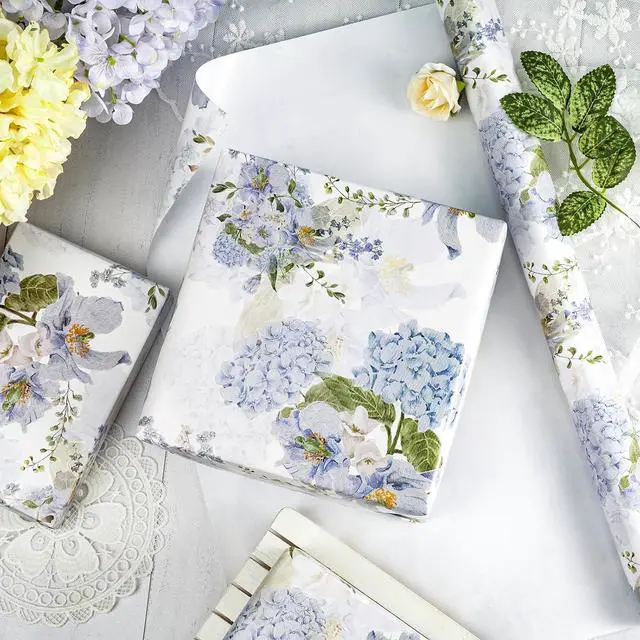 Alt view image 4 of 7 - LeZakaa Floral Wrapping Paper Roll, Blue Hydrangea Flowers Party Gift Wrap for Wedding, Bridal Shower, Baby Shower, Anniversary, Mother's Day, Birthday, 17 inches x 16.4 Feet (23.2 sq.ft.)