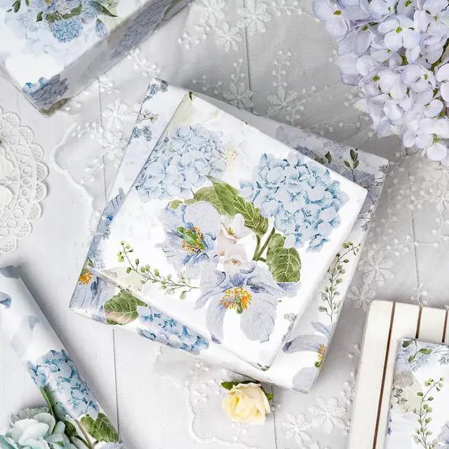 Alt view image 5 of 7 - LeZakaa Floral Wrapping Paper Roll, Blue Hydrangea Flowers Party Gift Wrap for Wedding, Bridal Shower, Baby Shower, Anniversary, Mother's Day, Birthday, 17 inches x 16.4 Feet (23.2 sq.ft.)