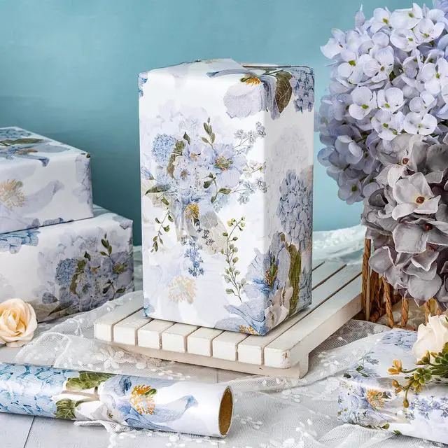 Alt view image 6 of 7 - LeZakaa Floral Wrapping Paper Roll, Blue Hydrangea Flowers Party Gift Wrap for Wedding, Bridal Shower, Baby Shower, Anniversary, Mother's Day, Birthday, 17 inches x 16.4 Feet (23.2 sq.ft.)
