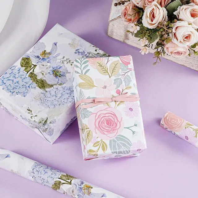 Alt view image 7 of 7 - LeZakaa Floral Wrapping Paper Roll, Blue Hydrangea Flowers Party Gift Wrap for Wedding, Bridal Shower, Baby Shower, Anniversary, Mother's Day, Birthday, 17 inches x 16.4 Feet (23.2 sq.ft.)