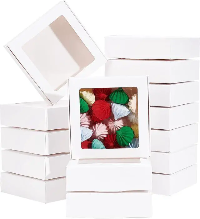Main image of BENECREAT 16Packs 4.2x4.2x1.2inch Clear PVC Square Window Gift Boxes, White Kraft Paper Present Packing Boxes for Party Favor Treats, Cookies, Small Gifts or Crafts