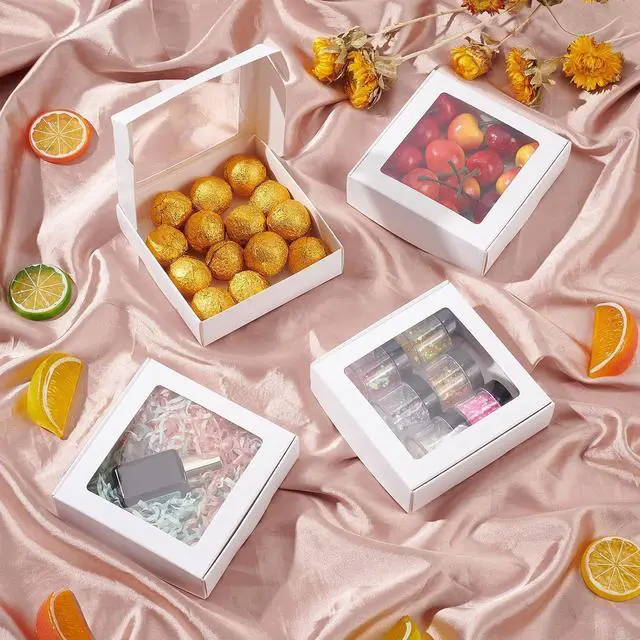 Alt view image 5 of 6 - BENECREAT 16Packs 4.2x4.2x1.2inch Clear PVC Square Window Gift Boxes, White Kraft Paper Present Packing Boxes for Party Favor Treats, Cookies, Small Gifts or Crafts
