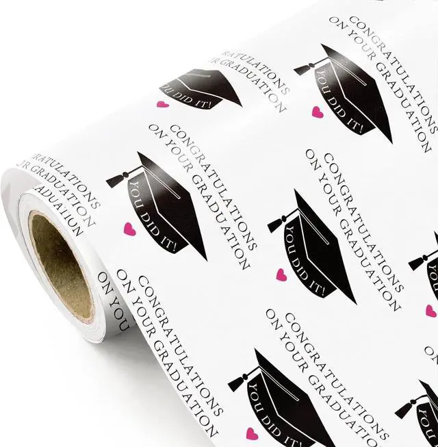 Main image of WRAPAHOLIC Graduation Wrapping Paper - Mini Roll - 17 Inch x 16.5 Feet - Black Trencher Cap with Lettering Design Perfect for Party, Celebration