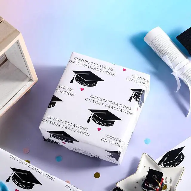 Alt view image 7 of 7 - WRAPAHOLIC Graduation Wrapping Paper - Mini Roll - 17 Inch x 16.5 Feet - Black Trencher Cap with Lettering Design Perfect for Party, Celebration