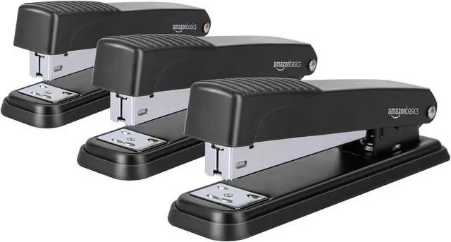 Main image of Amazon Basics Full-Strip Metal Office Desktop Stapler, 20 Sheet Capacity, Non-Slip, Black, 3-Pack