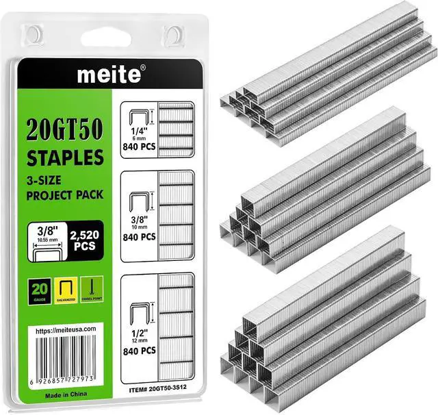 Main image of meite T50 Staples, 1/4", 3/8" and 1/2" Leg Staples for Staple Gun, 2,520 Counts, Galvanized, 20 Gauge 3/8 Inch Crown, Ideal for for Upholstery, Construction, Furniture, Crafts