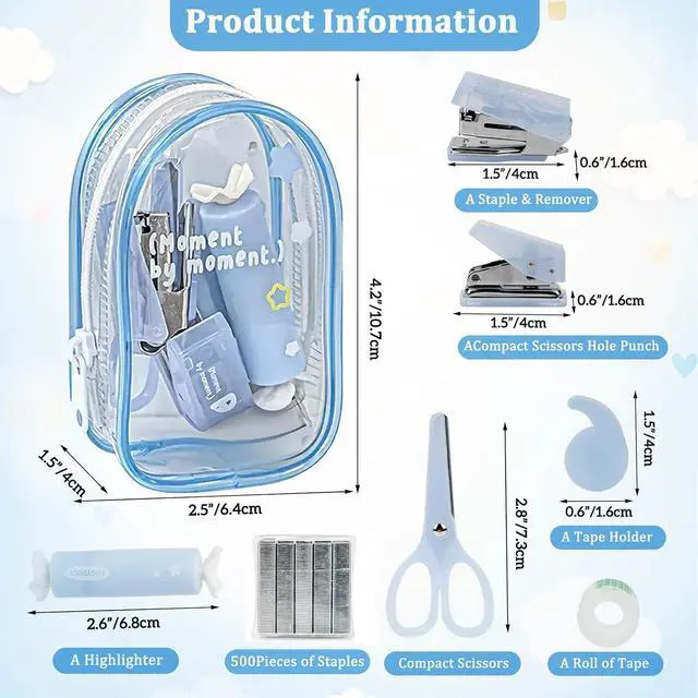 Alt view image 2 of 7 - 7pcs Mini Stationary Kit with Compact Scissors Hole Punch Portable Stapler Mini School Supplies Kit Blue Stapler and Tape Dispenser Set for Students Christmas Gifts (Blue)
