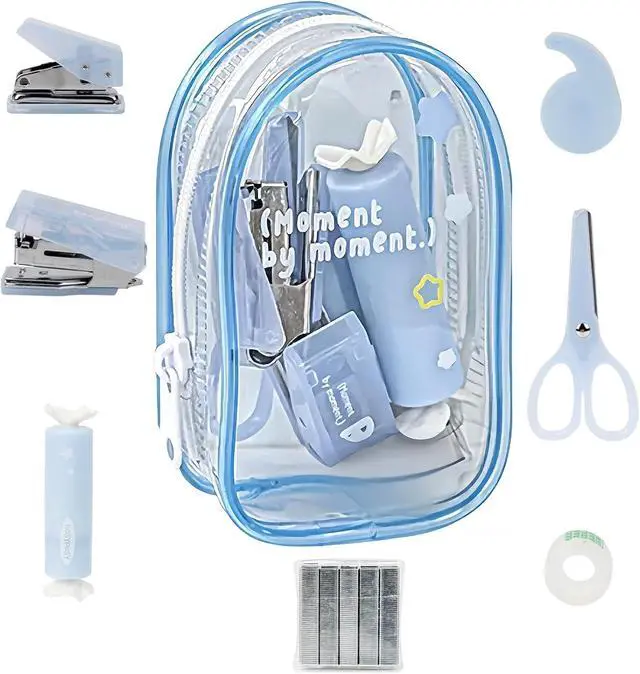 Main image of 7pcs Mini Stationary Kit with Compact Scissors Hole Punch Portable Stapler Mini School Supplies Kit Blue Stapler and Tape Dispenser Set for Students Christmas Gifts (Blue)