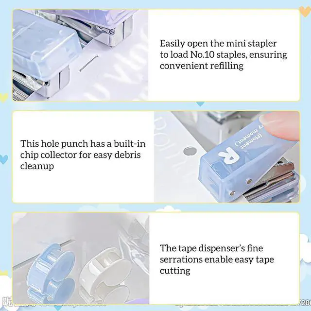Alt view image 5 of 7 - 7pcs Mini Stationary Kit with Compact Scissors Hole Punch Portable Stapler Mini School Supplies Kit Blue Stapler and Tape Dispenser Set for Students Christmas Gifts (Blue)