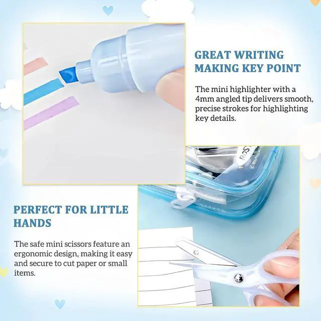 Alt view image 3 of 7 - 7pcs Mini Stationary Kit with Compact Scissors Hole Punch Portable Stapler Mini School Supplies Kit Blue Stapler and Tape Dispenser Set for Students Christmas Gifts (Blue)