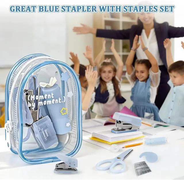 Alt view image 6 of 7 - 7pcs Mini Stationary Kit with Compact Scissors Hole Punch Portable Stapler Mini School Supplies Kit Blue Stapler and Tape Dispenser Set for Students Christmas Gifts (Blue)