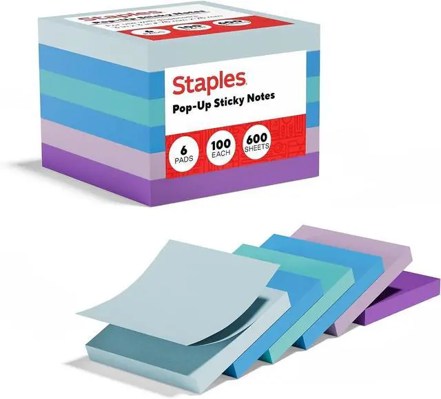 Main image of Staples PopUp Sticky Notes, 3" x 3", Watercolor Colors, 600 Sheets DispenserReady Decorative Notes for Planning & Journaling