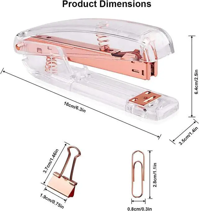 Alt view image 2 of 7 - Acrylic Desktop Stapler with 1000 26/6 Staples, 6 Binder Clips & 50 Paper Clips, Desk Accessory Kit for Home Office School (Rose Gold)