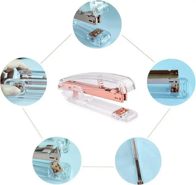 Alt view image 3 of 7 - Acrylic Desktop Stapler with 1000 26/6 Staples, 6 Binder Clips & 50 Paper Clips, Desk Accessory Kit for Home Office School (Rose Gold)