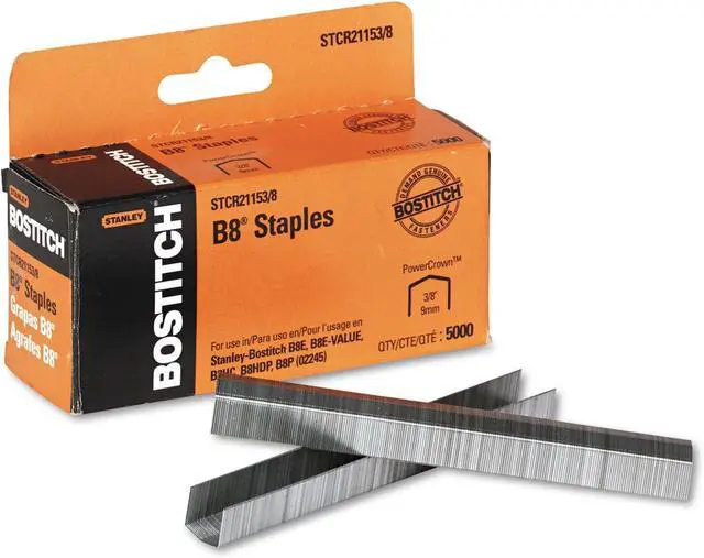 Main image of Bostitch Office B8 PowerCrown Staples, 0.375 Inch Leg, 45 Sheet Capacity, 5,000 Per Box (STCR21153/8), Silver