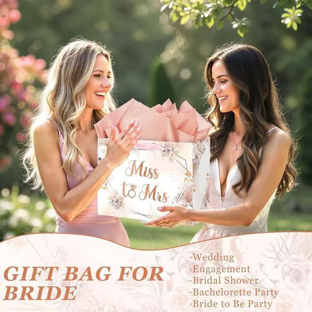 Alt view image 4 of 6 - Yomaiha Bridal Shower Gift Bag Wedding Miss to Mrs Gifts Bag with Tissue and Card Bridal Shower Gift Wrapping Paper Bag Floral Boho Wedding Gift Bags Bride Engagement Bachelorette Party Bag
