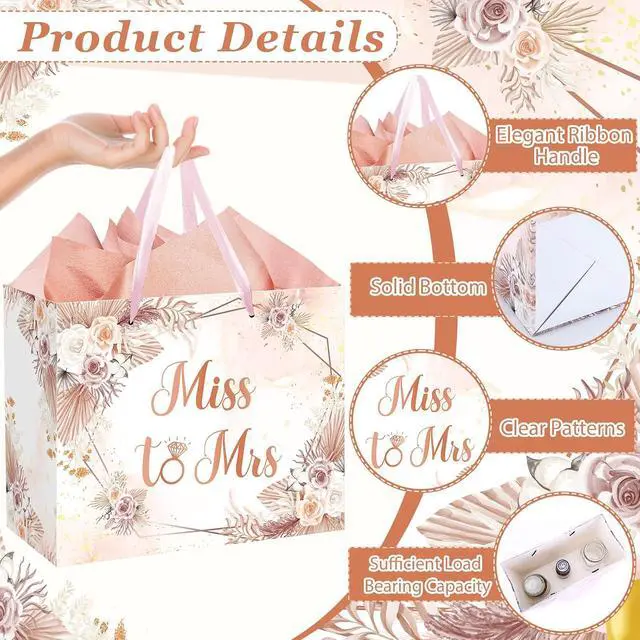 Alt view image 6 of 6 - Yomaiha Bridal Shower Gift Bag Wedding Miss to Mrs Gifts Bag with Tissue and Card Bridal Shower Gift Wrapping Paper Bag Floral Boho Wedding Gift Bags Bride Engagement Bachelorette Party Bag