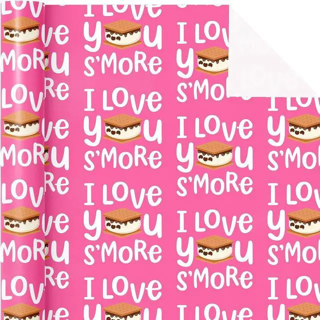 Alt view image 2 of 3 - WRAPAHOLIC Funny Valentines Day Wrapping Paper Roll - Mini Roll - 17 Inch x 16.5 Feet - Sweet Food Puns I Love You S'more Design Perfect for Anniversary, Wedding, Party