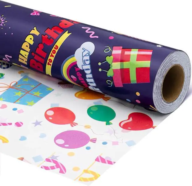 Main image of Reversible Birthday Wrapping Paper,Blue Wrap Paper Mini Roll,17.3InX32.8Ft