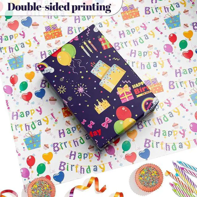 Alt view image 2 of 7 - Reversible Birthday Wrapping Paper,Blue Wrap Paper Mini Roll,17.3InX32.8Ft