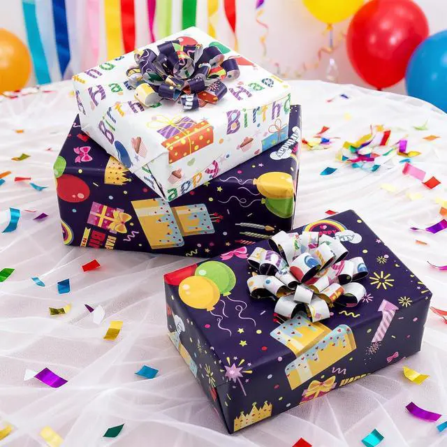 Alt view image 3 of 7 - Reversible Birthday Wrapping Paper,Blue Wrap Paper Mini Roll,17.3InX32.8Ft