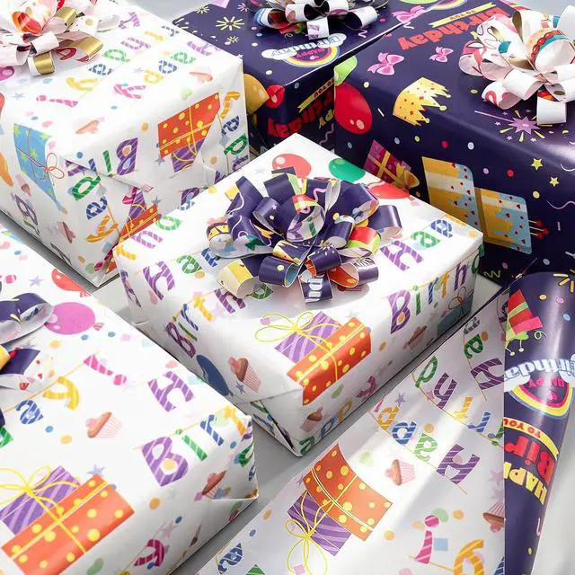 Alt view image 4 of 7 - Reversible Birthday Wrapping Paper,Blue Wrap Paper Mini Roll,17.3InX32.8Ft