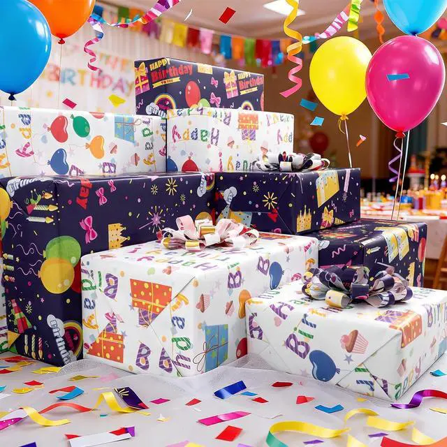 Alt view image 5 of 7 - Reversible Birthday Wrapping Paper,Blue Wrap Paper Mini Roll,17.3InX32.8Ft